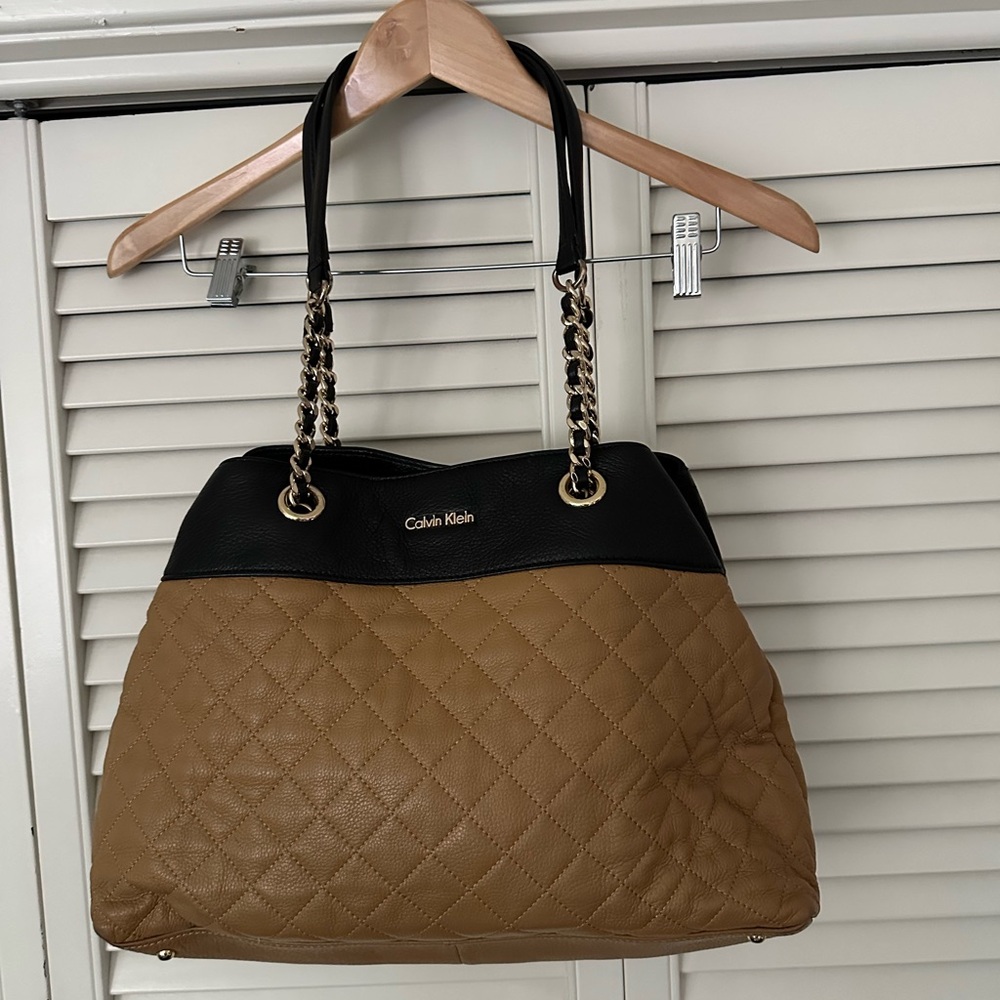 Calvin Klein Quilted Shoulder Tote in Brown and Black